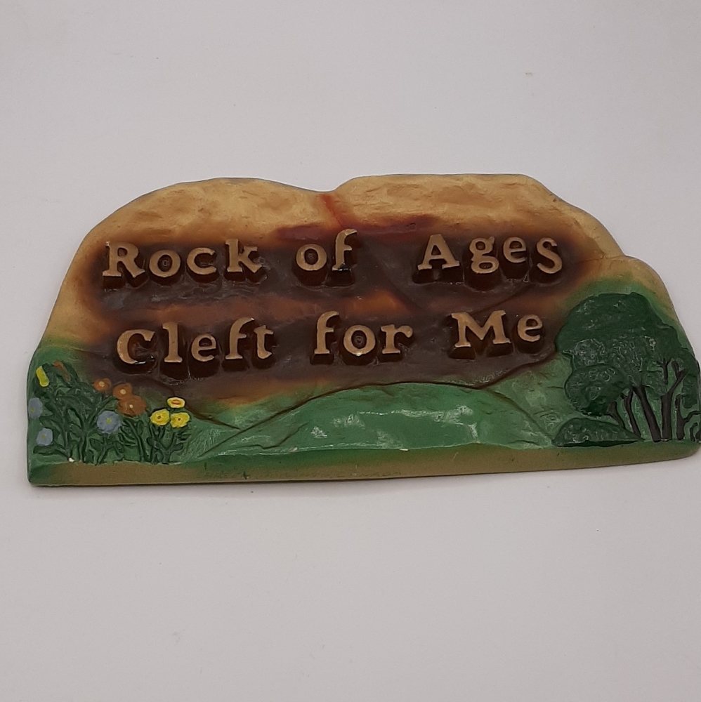Vintage 3-D Art Chalkware Wall Plaque Rock of Ages Cleft for Me Signed 1939